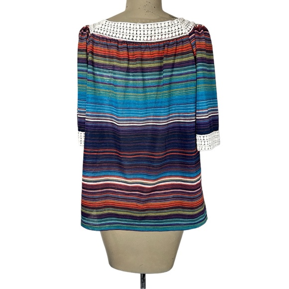Hannah Southwest Serape Stripe Blouse Triple Crochet Flat Pom Trim Women’s Sz S - Picture 3 of 5